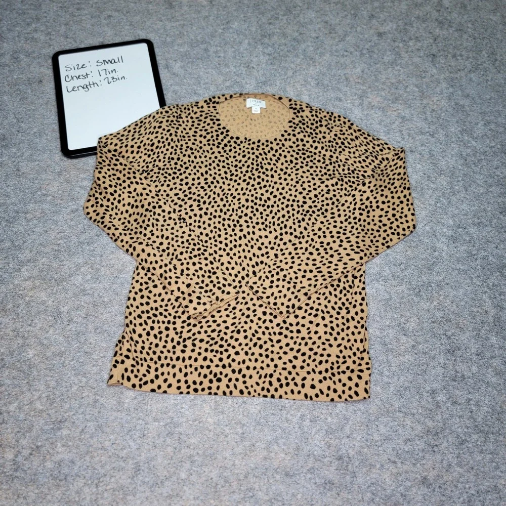 J.Crew‎ Teddie Sweater Small Tan Black Animal Print Long Sleeve Cotton Top